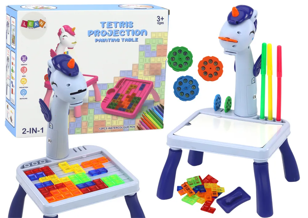 Projektor za crtanje sa stolićem i tetris igrom plavi jednorog 2u1 - cover