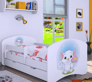 Drveni dječji krevet Happy maca s cvijetom s ladicom – 140*70 - cover