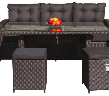 Garnitura namještaja od ratana - garnitura trosjed sa visokim stolom + 2 fotelje + 2 taburea + 12 jastuka, smeđa  - cover