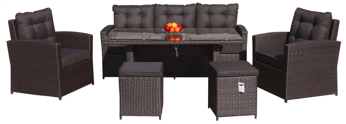 Garnitura namještaja od ratana - garnitura trosjed sa visokim stolom + 2 fotelje + 2 taburea + 12 jastuka, smeđa  - cover