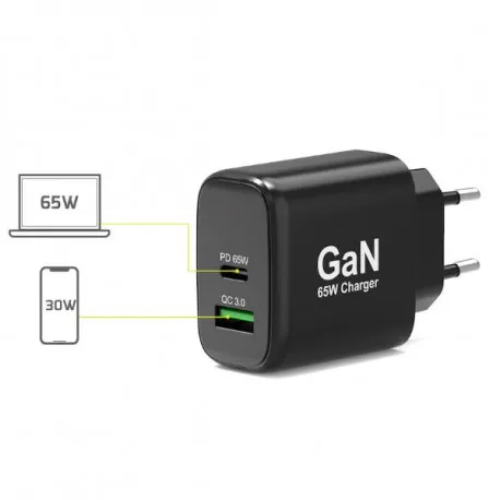 Port zidni punjač GaN 65W USB-C/USB-A, crni - cover
