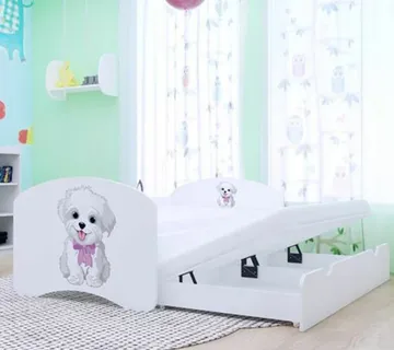 Drveni dječji krevet Happy psić s mašnom s dodatnim ležajem – 180×90 - cover