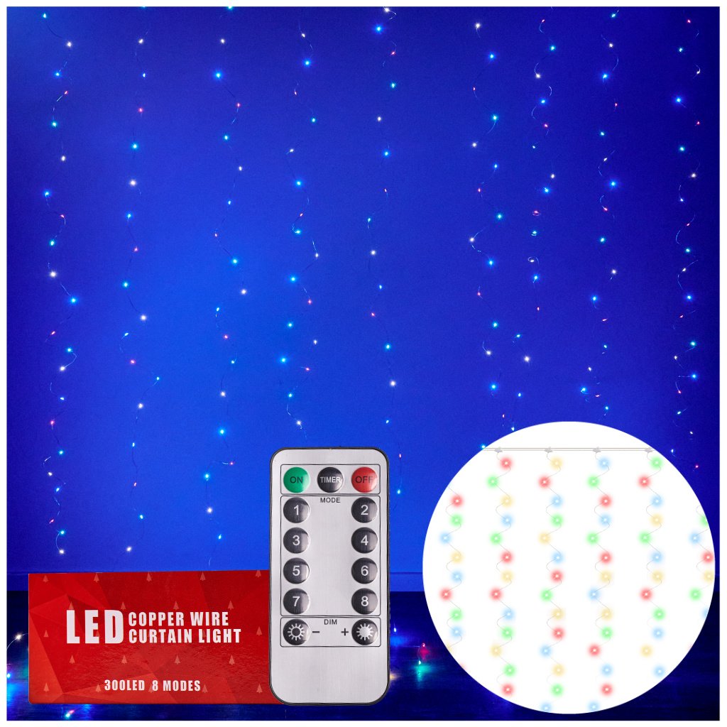 KX5242_2 Lampki LED kurtyna druciki 3x3m 300LED multikolor 1-2-2