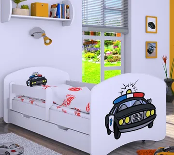 Drveni dječji krevet Happy policijski auto s ladicom – 160×80 - cover