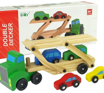 Drveni zeleni kamion s blokovima na kat + 4 autića - cover