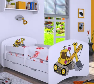 Drveni dječji krevet Happy žuti bager s ladicom – 160×80 - cover