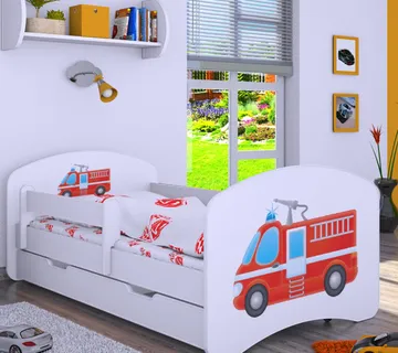 Drveni dječji krevet Happy vatrogasno vozilo s ladicom – 180×90 - cover