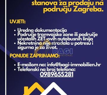 Potražujemo stanove za prodaju, kvadrature od 40m2 do 80m2 na području grada Zagreba - cover