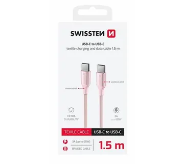 SWISSTEN kabel USB-C/USB-C TEXTILE II, 3A, 60W, 480 Mb/s, 1,5m rozi - 03080124 - Strmec, Sveta Nedelja