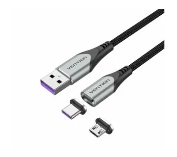Vention USB 2.0 A Male to 2-in-1 Micro-B USB-C Male 5A Magnetic Cable 2m, Gray - Strmec, Sveta Nedelja