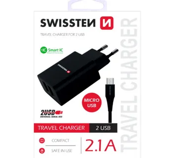 SWISSTEN punjač za AC220, 2xUSB, 2.1A, SMART IC, crni + microUSB kabel - Strmec, Sveta Nedelja