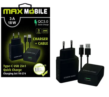 MAXMOBILE KUĆNI PUNJAČ SET 2U1 QC 3.0 QUICK CHARGE USB + TYPE-C 18W TR-274 crni - Strmec, Sveta Nedelja