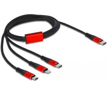 DeLOCK USB charging cable, USB-C plug > Micro-USB + USB-C + Lightning plug (black/red, 1 meter, sleeved, only charging function) - Strmec, Sveta Nedelja