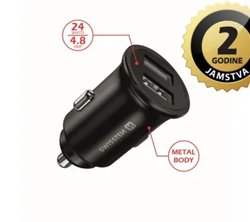 SWISSTEN punjač za auto, 2xUSB, 4.8A, 12-24V, metalic, crni - 03110001 - Strmec, Sveta Nedelja