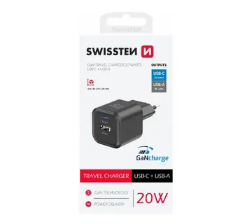 SWISSTEN punjač za AC220, GaN, 20W, 1xUSB-C, 1xUSB-A, 3A, crni - 03100051 - Strmec, Sveta Nedelja