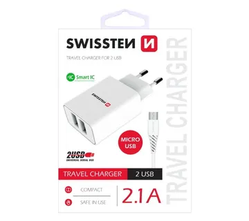 SWISSTEN punjač za AC220, 2xUSB, 2.1A, SMART IC, bijeli+ microUSB kabel - 03100008 - Strmec, Sveta Nedelja