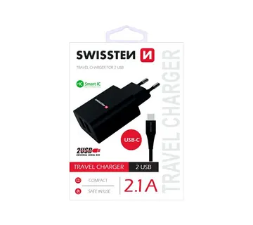 SWISSTEN punjač za AC220, 2xUSB, 2.1A, SMART IC, crni + USB-C kabel - Strmec, Sveta Nedelja