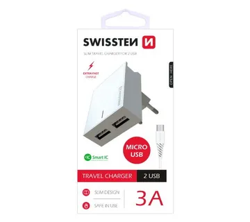 SWISSTEN punjač za AC220, 2xUSB, 3A, SMART IC, držač, bijeli + microUSB kabel - 03100021 - Strmec, Sveta Nedelja