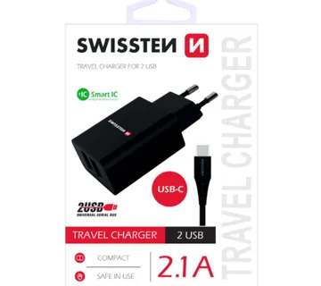 SWISSTEN punjač za AC220, 2xUSB, 2.1A, SMART IC, crni + USB-C kabel - Strmec, Sveta Nedelja