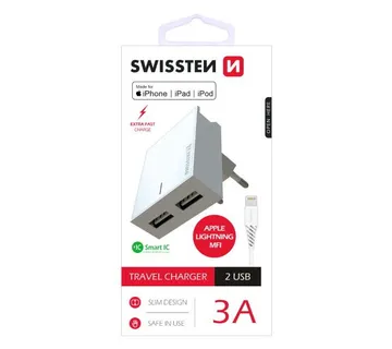 SWISSTEN punjač za AC220, 2xUSB, 3A, SMART IC, držač, bijeli + LIGHTNING MFI kab - 03100020 - Strmec, Sveta Nedelja