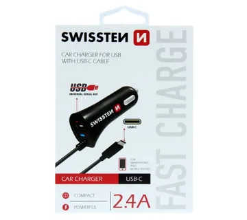 SWISSTEN punjač za auto, 1xUSB-C, 1xUSB + USB-C kabel, crni - 03110005 - Strmec, Sveta Nedelja