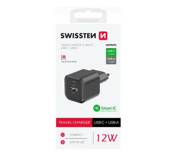 SWISSTEN punjač za AC220, 12W, 1xUSB-C, 1xUSB-A, Smart IC, 2.4A, crni - 03100053 - Strmec, Sveta Nedelja
