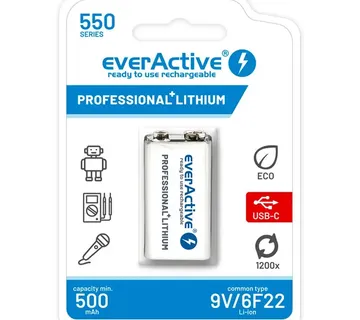 Rechargeable battery everActive 6F22/9V Li-ion 550 mAh with USB TYPE C - Strmec, Sveta Nedelja