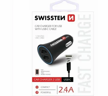 SWISSTEN punjač za auto, 2xUSB, 2.4A, crni + kabel za punjenje USB - USB-C - Strmec, Sveta Nedelja