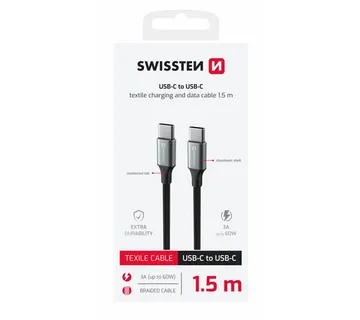 SWISSTEN kabel USB-C/USB-C, TEXTILE II, 3A, 60W, 480 Mb/s, 1,5m crno-sivi - 03080122 - Strmec, Sveta Nedelja