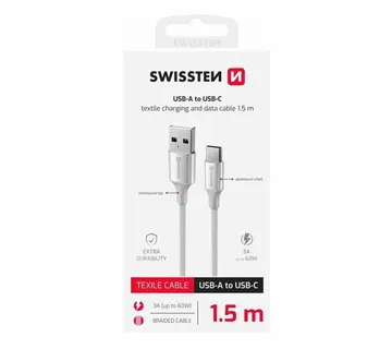 SWISSTEN kabel USB/USB-C, TEXTILE II, 3A, 60W, 480 Mb/s, 1,5m bijelo-srebrni - 03080117 - Strmec, Sveta Nedelja
