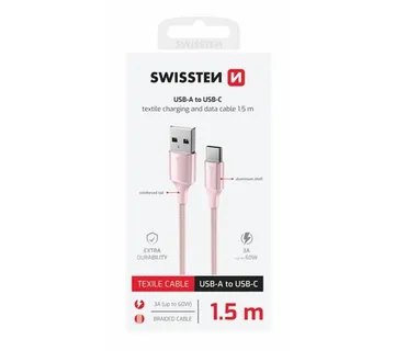 SWISSTEN kabel USB/USB-C, TEXTILE II, 3A, 60W, 480 Mb/s, 1,5m rozi - 03080118 - Strmec, Sveta Nedelja