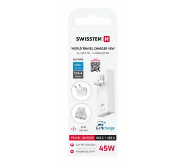 SWISSTEN punjač za AC100-240, UK-SAD-EU, GaN, USB-C + USB-A 45W izmjenjiv - 03100059 - Strmec, Sveta Nedelja