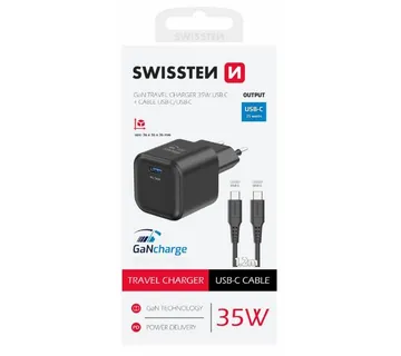 SWISSTEN punjač za AC220, GaN, 1xUSB-C, 35W, 3A, crni + USB-C kabel - 03100045 - Strmec, Sveta Nedelja