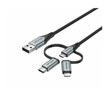Vention USB 2.0 A Male to 3-in-1 Micro-B USB-C Lightning Male Cable 1,5m, Gray - Strmec, Sveta Nedelja