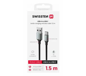 SWISSTEN kabel USB/USB-C, TEXTILE II, 3A, 60W, 480 Mb/s, 1,5m crno-sivi - 03080116 - Strmec, Sveta Nedelja