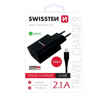 SWISSTEN punjač za AC220, 2xUSB, 2.1A, SMART IC, crni + USB-C kabel - 03100012 - Strmec, Sveta Nedelja