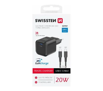 SWISSTEN punjač za AC220, GaN, 20W, 1xUSB-C, 3A, crni + USB-C kabel crni - 03100048 - Strmec, Sveta Nedelja