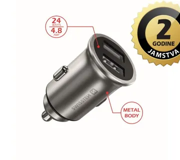 SWISSTEN punjač za auto, 2xUSB, 4.8A, 12-24V, metalic, srebrni - 03110002 - Strmec, Sveta Nedelja