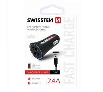 SWISSTEN punjač za auto, 2xUSB, 2.4A, crni + kabel za punjenje USB - USB-C - 03110007 - Strmec, Sveta Nedelja