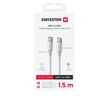 SWISSTEN kabel USB-C/USB-C TEXTILE II, 3A, 60W, 480 Mb/s, 1,5m bijelo-srebrni - 03080123 - Strmec, Sveta Nedelja