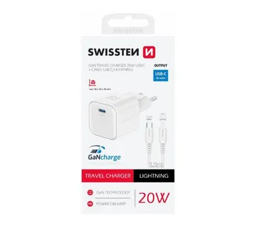 SWISSTEN punjač za AC220, GaN, 20W, 1xUSB-C, 3A, bijeli + Lightning kabel - 03100049 - Strmec, Sveta Nedelja
