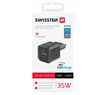 SWISSTEN punjač za AC220, GaN, 35W, 1xUSB-C, 1xUSB-A, 1A, crni - 03100044 - Strmec, Sveta Nedelja