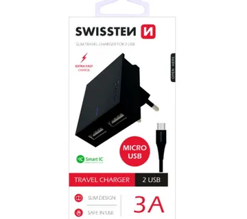 SWISSTEN punjač za AC220, 2xUSB, 3A, SMART IC, držač, crni + microUSB kabel - Strmec, Sveta Nedelja