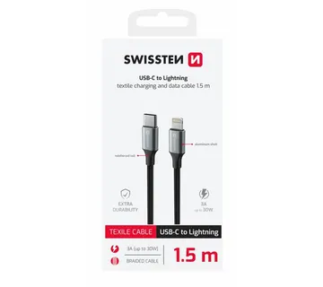 SWISSTEN kabel USB-C/Lightning TEXTILE II, 3A, 30W, 480 Mb/s, 1,5m crno-srebrni - 03080125 - Strmec, Sveta Nedelja