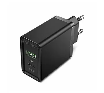 Vention 2-Port USB (A C) Wall Charger (18W 20W) EU-Plug, Black - Strmec, Sveta Nedelja