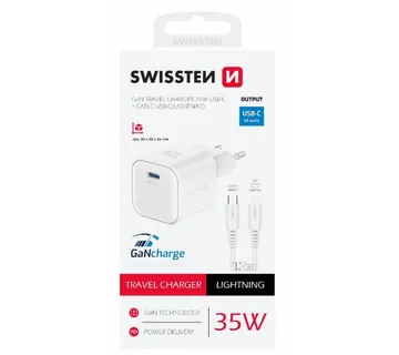 SWISSTEN punjač za AC220, GaN, 35W, 1xUSB-C, 3A, bijeli + Lightning kabel - 03100046 - Strmec, Sveta Nedelja