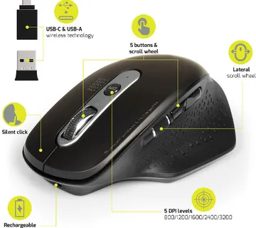 Port miš OFFICE EXE punjivi WL+BT, USB-A/C, crni - cover