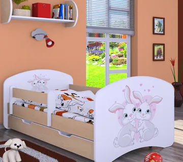 Drveni dječji krevet Happy zečići s ladicom – 200*90 - cover