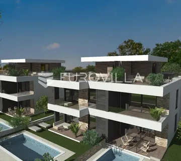Istra, Tar, novogradnja - stan na 1.katu 99,08 m2 s krovnom terasom i panoramskim pogledom na more - Vabriga