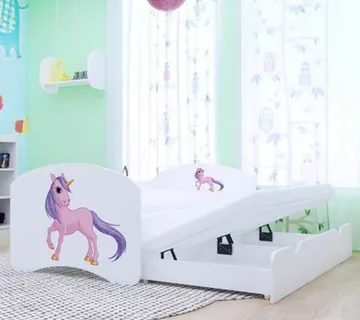 Drveni dječji krevet Happy jednorog s dodatnim ležajem – 180×90 - cover